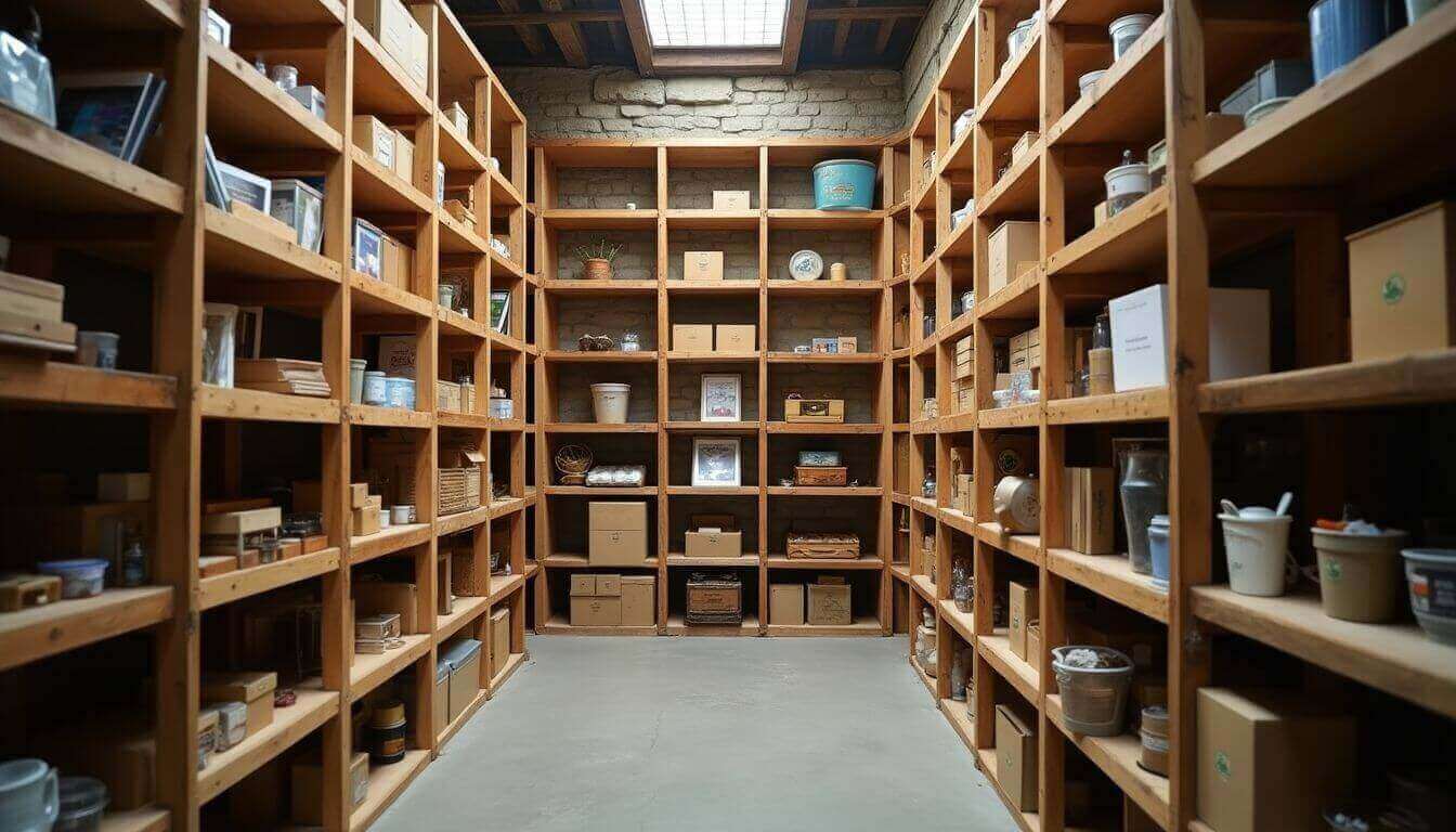 Cave de rangement organisée avec étagères et objets en bois