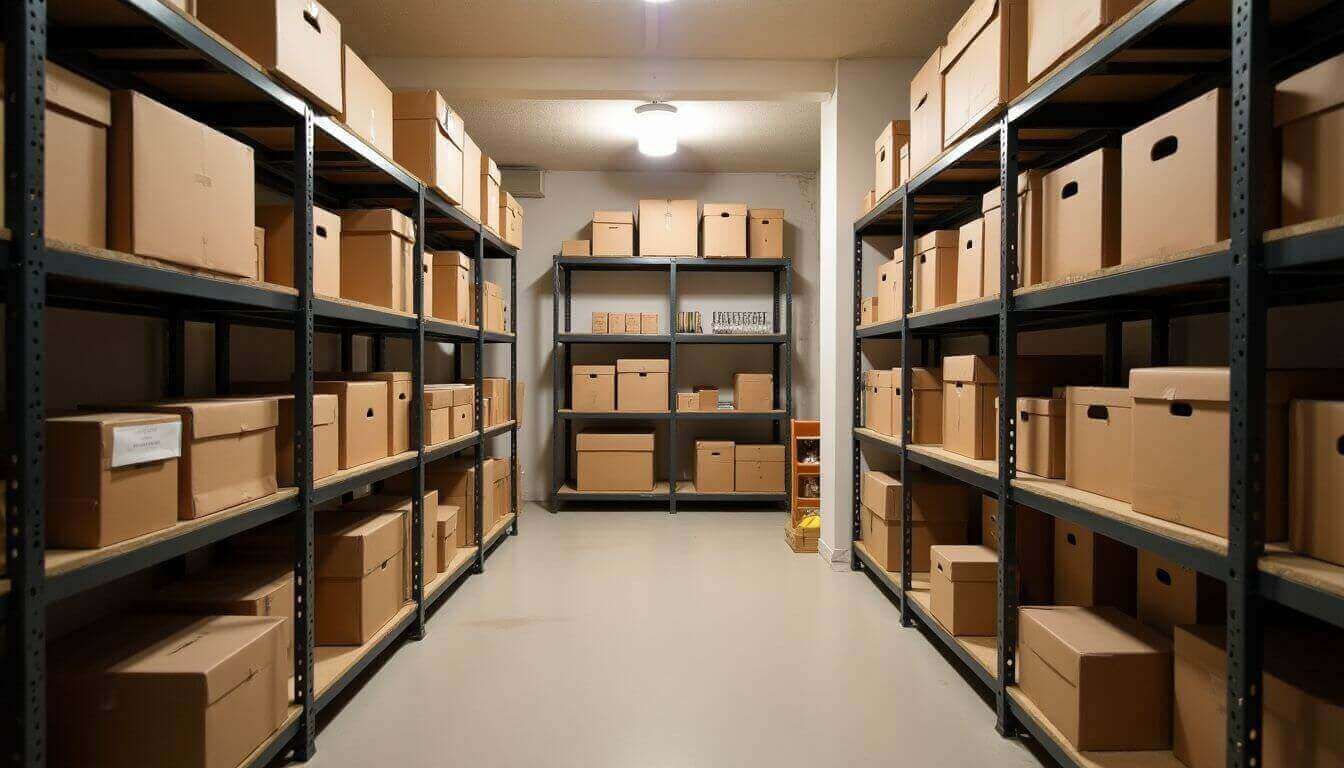 Cave organisée dans un appartement parisien pour stockage