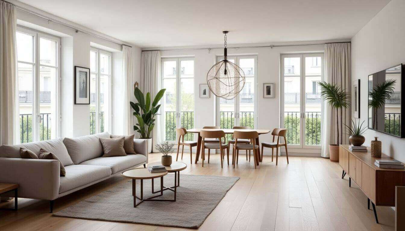 Intérieur d'appartement parisien lumineux avec de grandes fenêtres.