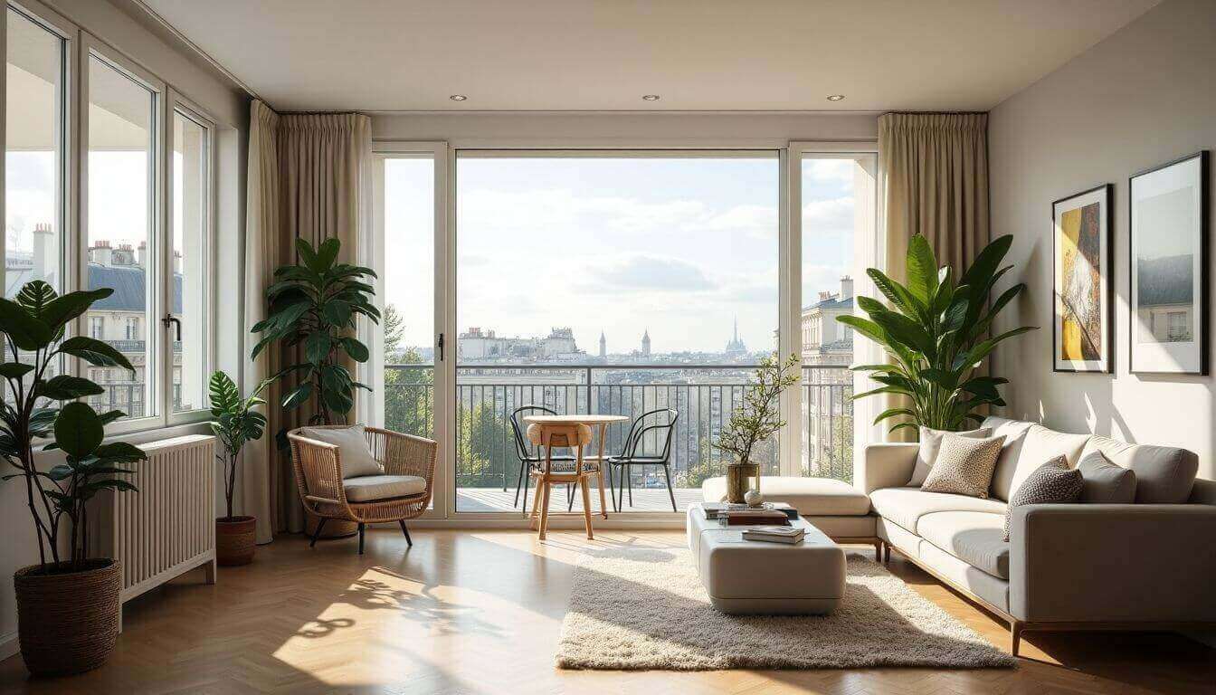Intérieur d'appartement parisien lumineux avec de grandes fenêtres