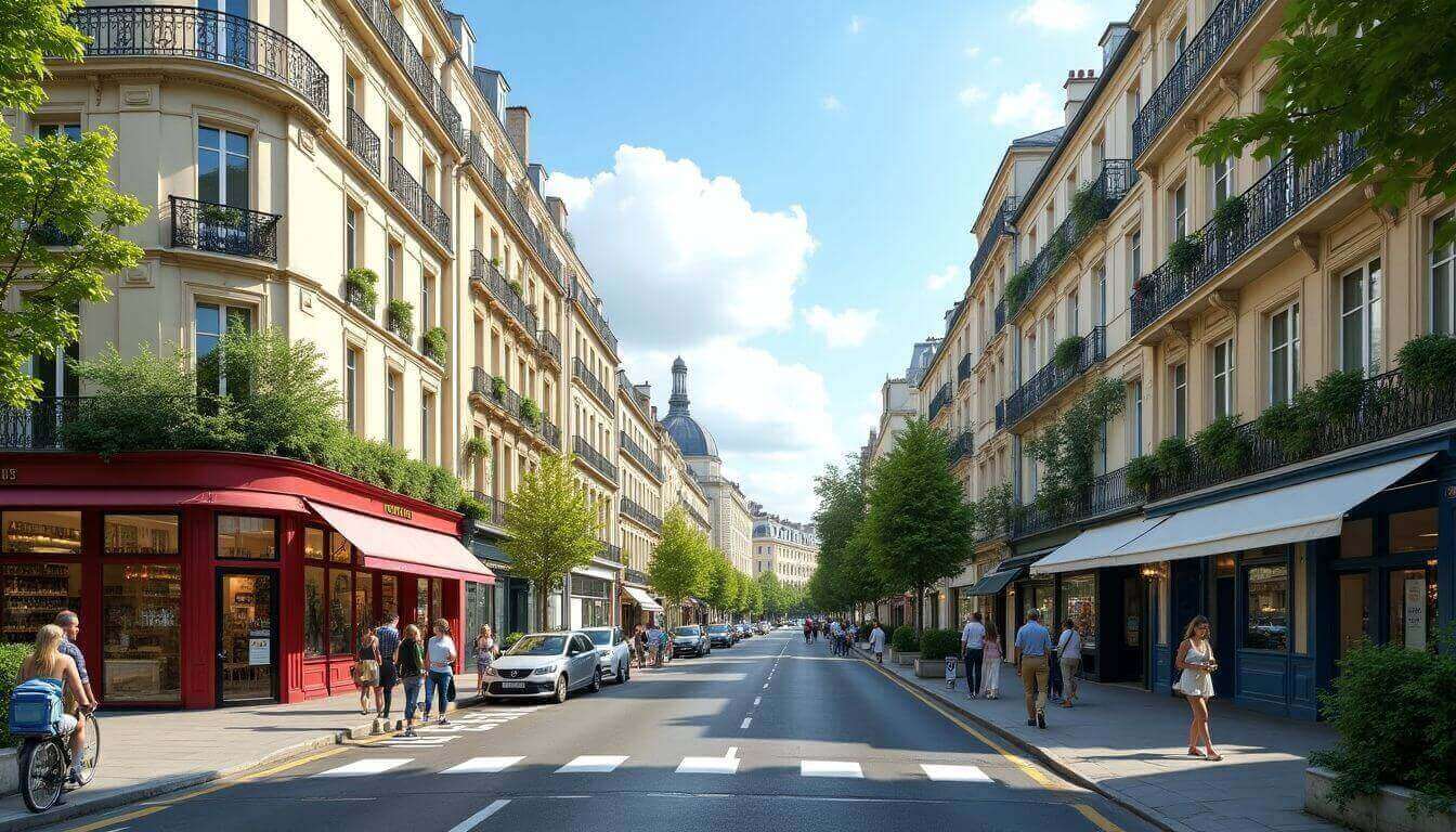 Rue parisienne avec immeubles résidentiels et commerciaux