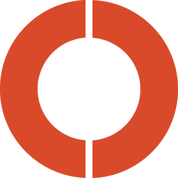 Red circular shape split vertically into two symmetrical halves with a white space in the center.
