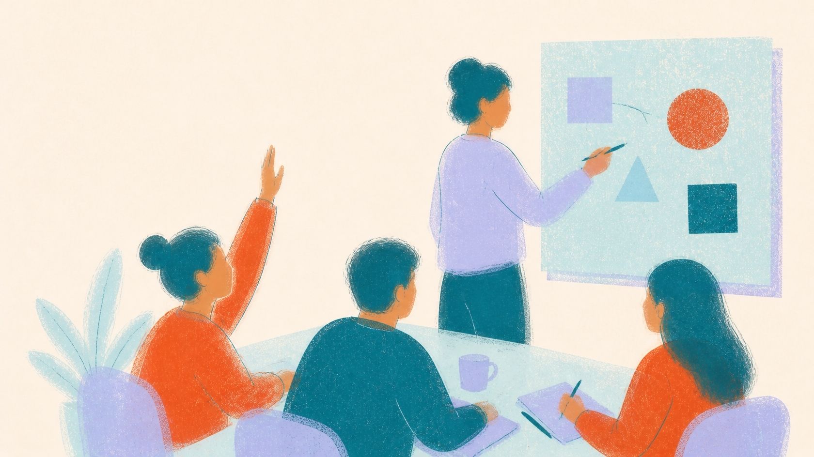 Illustration of a small team workshop at a whiteboard, one person raising a hand with a question