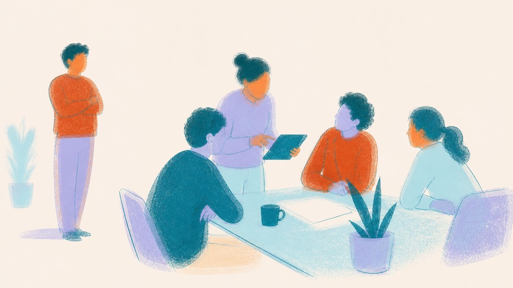 Illustration of a team gathered around a new tool while one person hangs back