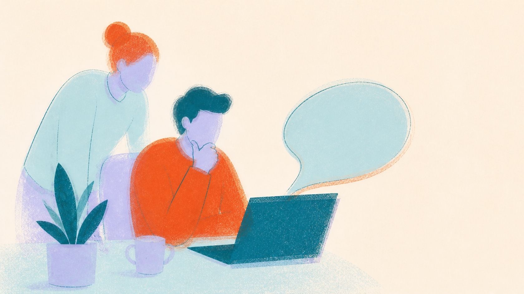 Illustration of a person thinking at a laptop with a speech bubble, a colleague looking on