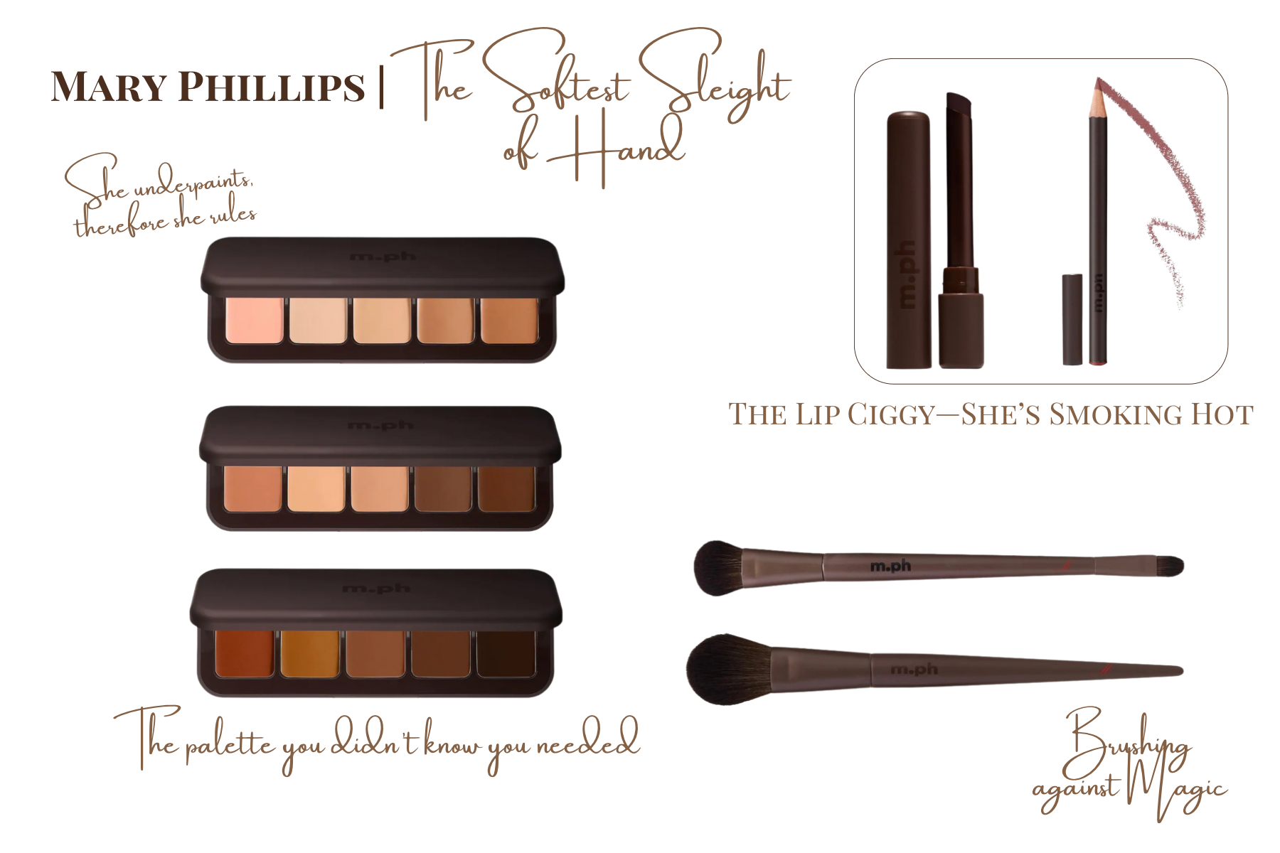 Makeup flat lay inspired by Mary Phillips featuring m.ph beauty's underpainting palette, lipstick, lip liner, and brushes.