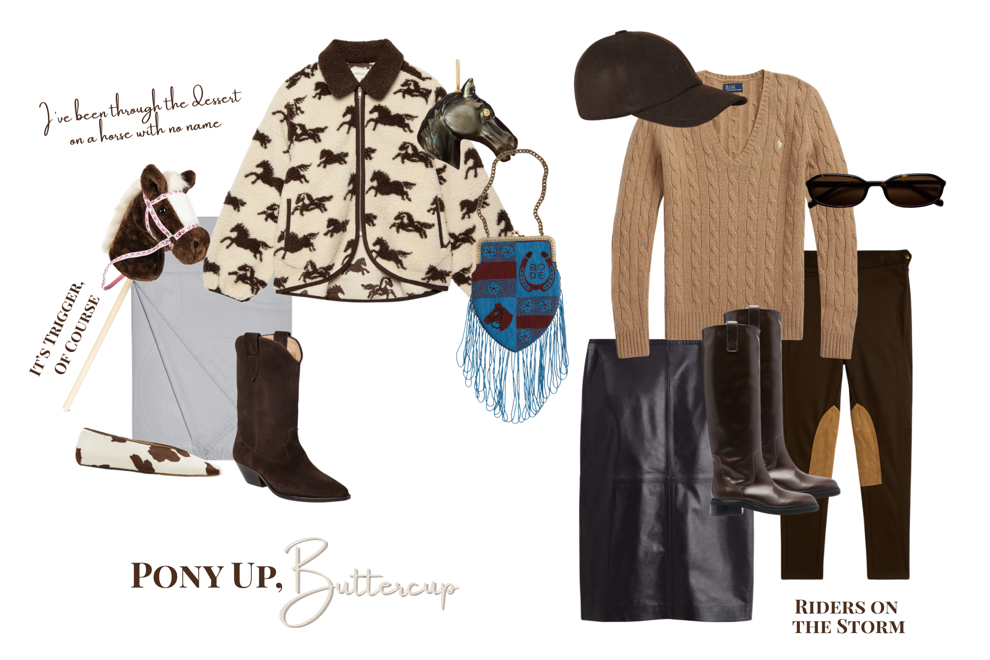 Flat lay featuring equestrian-inspired pieces—The Great Pasture jacket, Loro Piana cashmere baseball cap, BODE Capri bag, COS paneled leather skirt, Ralph Lauren V-neck cable knit, Chimi Edith sunglasses, Aeyde Henry riding boots, Isabel Marant suede cowboy boots, Le Monde Bèryl Regency slippers, and pointe pants—Curated by Cori Pony Club edit.