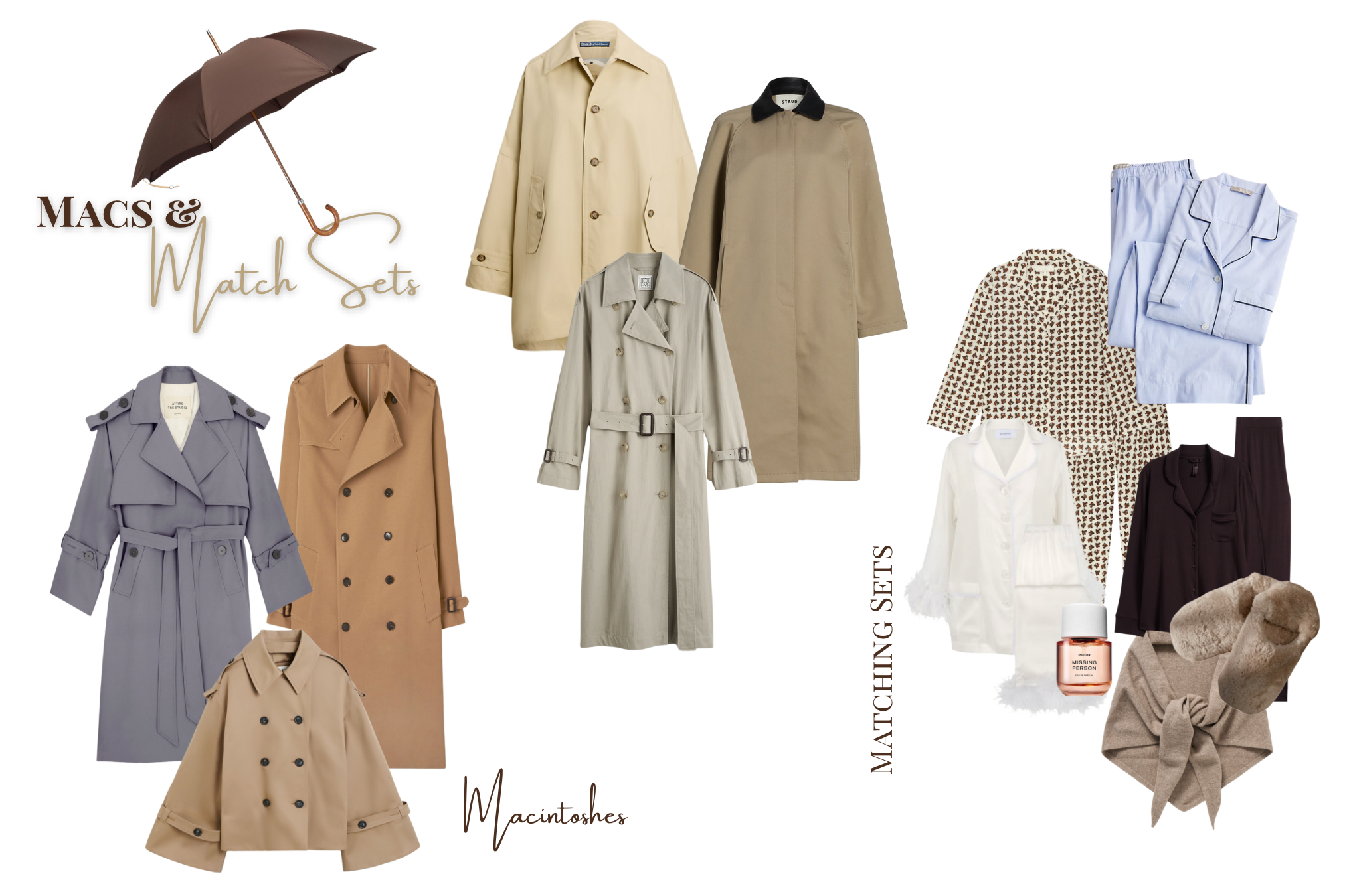 Flat lay featuring blue-grey and beige trenches—Toteme Crisp Summer trench, Nili Lotan Trenton coat, Ralph Lauren cotton trench, Stuad Jackson leather-collar coat, and Attire the Studio trench—paired with The Great horse medallion pajamas, Skims modal set, Sleeper feathered set, and Jenni Kayne shearling slippers—Curated by Cori Macs & Match Sets trench edit.