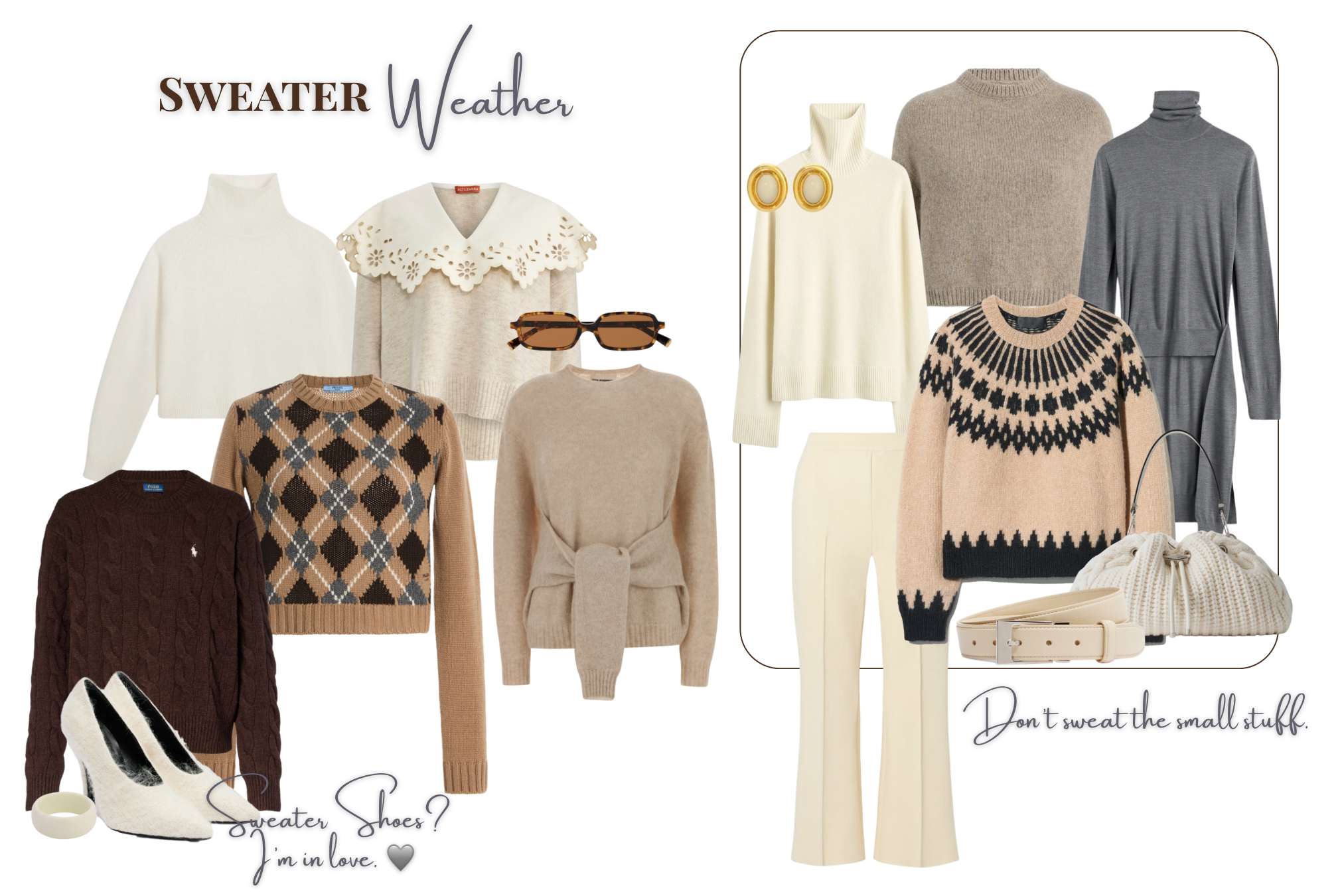 Fall flat lay featuring Ralph Lauren cable knit sweater, Prada argyle knit, Toteme ivory turtleneck, High Sport kick flare, Heaven Mayhem earrings, Magda Butrym knit pumps, Miu Miu sunglasses, The Row belt, Jimmy Choo handbag, Naked Cashmere sweater, and Nili Lotan Fair Isle knit—Curated by Cori Sweater Weather edit.