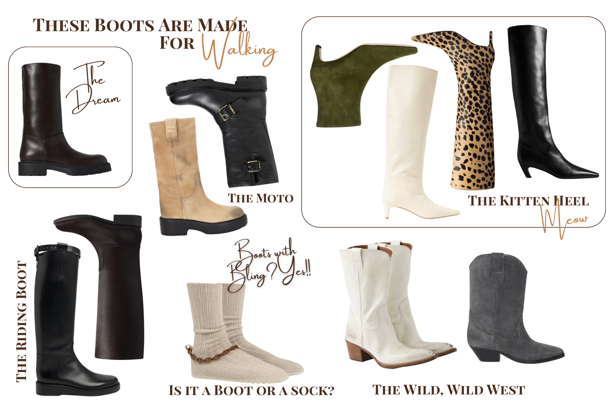 Flat lay of designer fall boots in leather and suede by The Row, Khaite, Prada, Isabel Marant, Jimmy Choo, Staud, Miu Miu, and Brave Pudding. Fall boot edit featuring quiet-luxury staples from Jimmy Choo and Miu Miu.