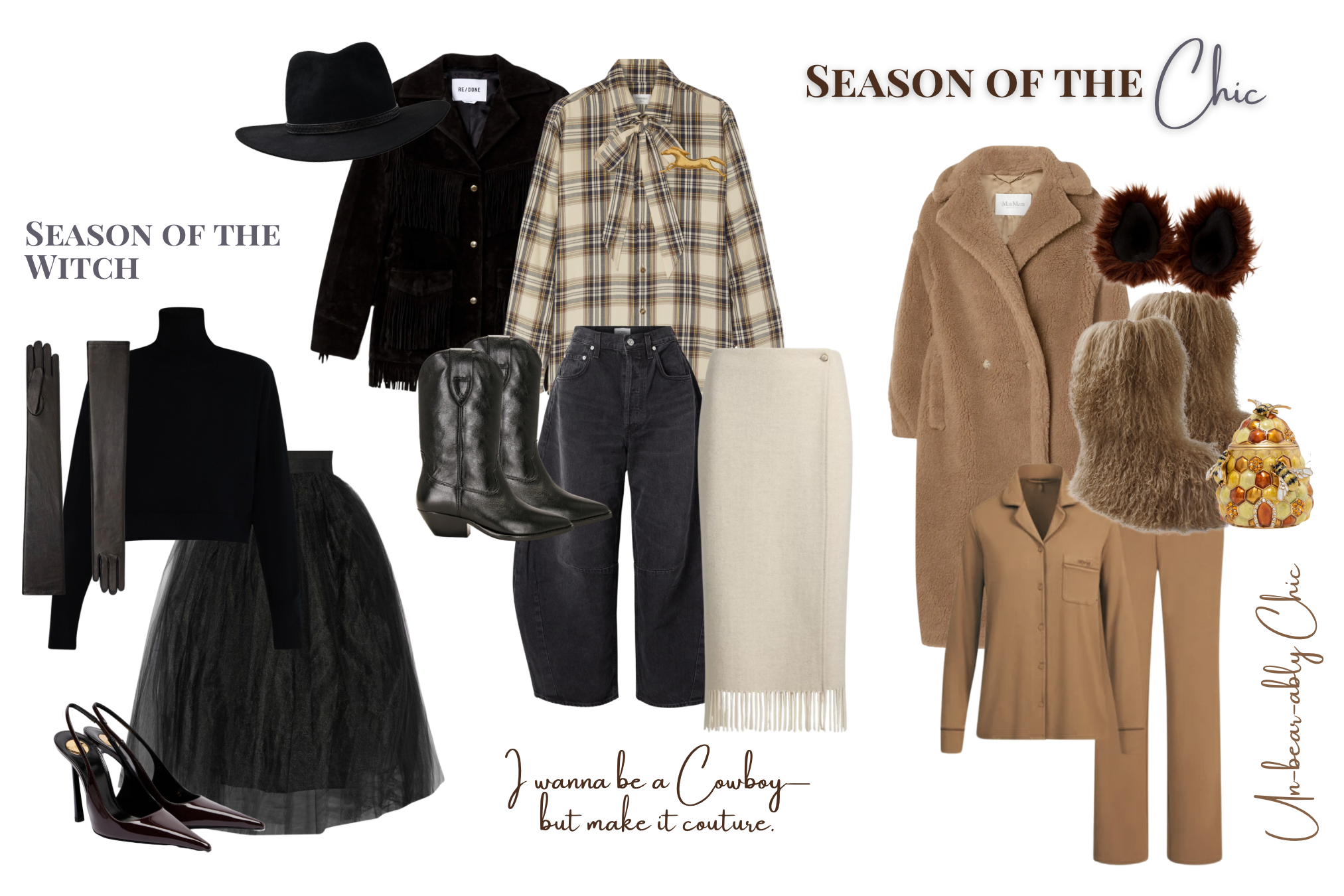 Flat lay of Halloween costume couture featuring Ralph Lauren wrap skirt, Isabel Marant boots, and Max Mara teddy coat. Witchy western and faux-fur bear looks from Season of the Chic Halloween Edit by Curated by Cori.