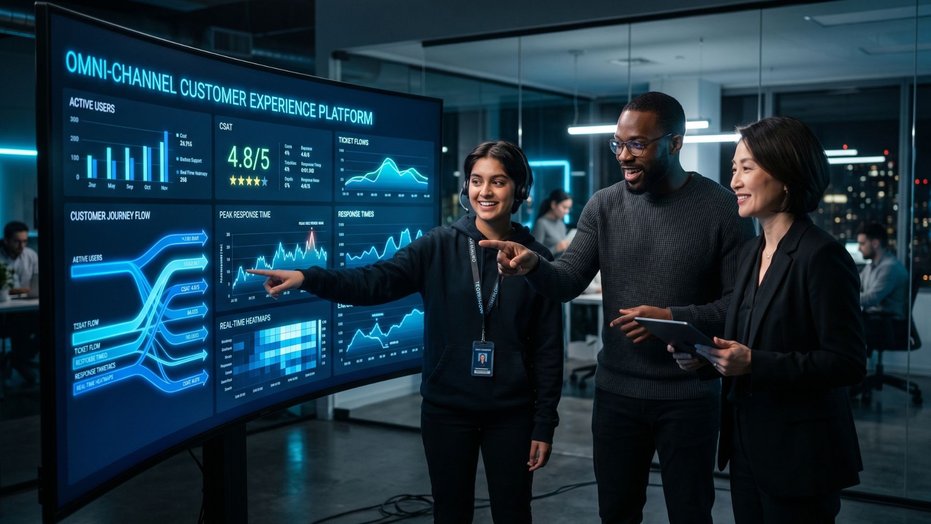 A diverse team of three professionals collaborating seamlessly around a large, interactive Omni-Channel Customer Experience Platform dashboard.