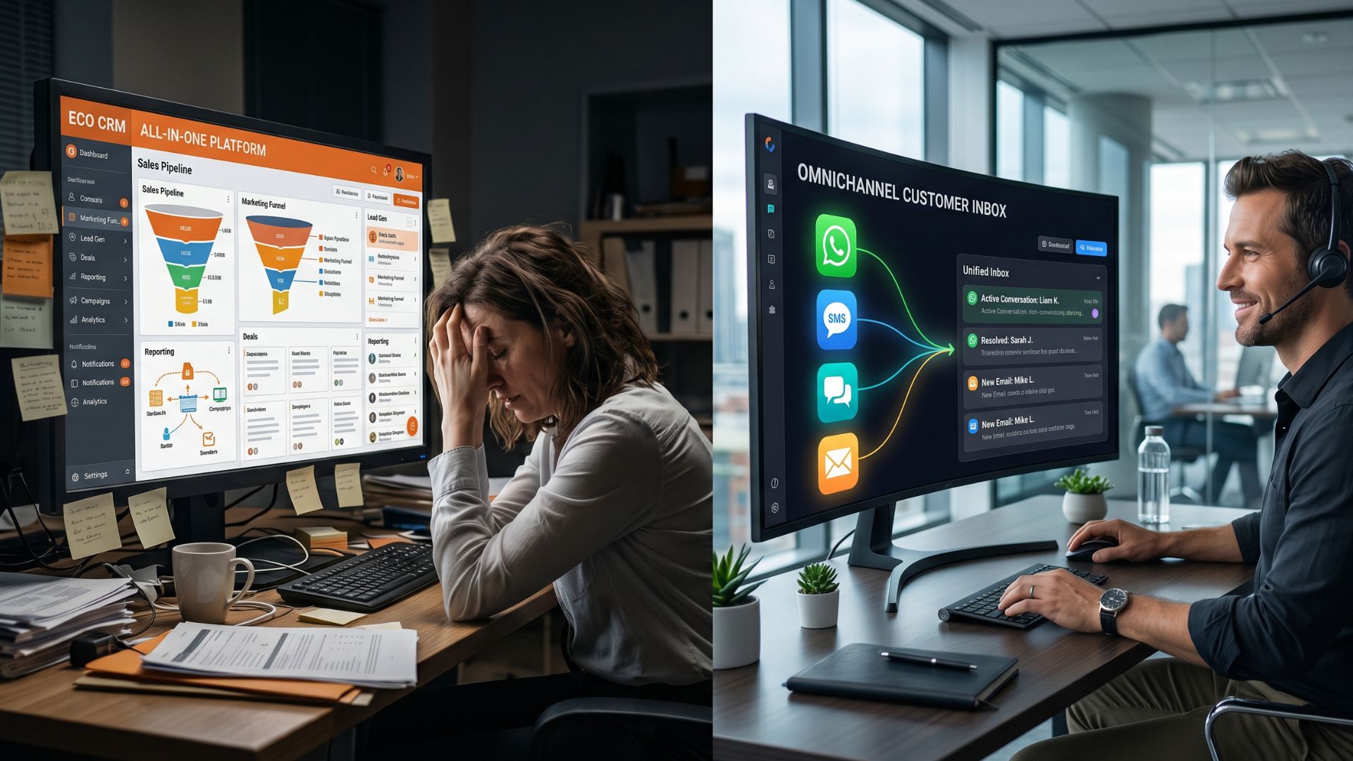 A side-by-side comparison showing a stressed agent struggling with a complex all-in-one CRM on the left, contrasted with a relaxed agent using ReplyCX's streamlined omni-channel inbox on the right.