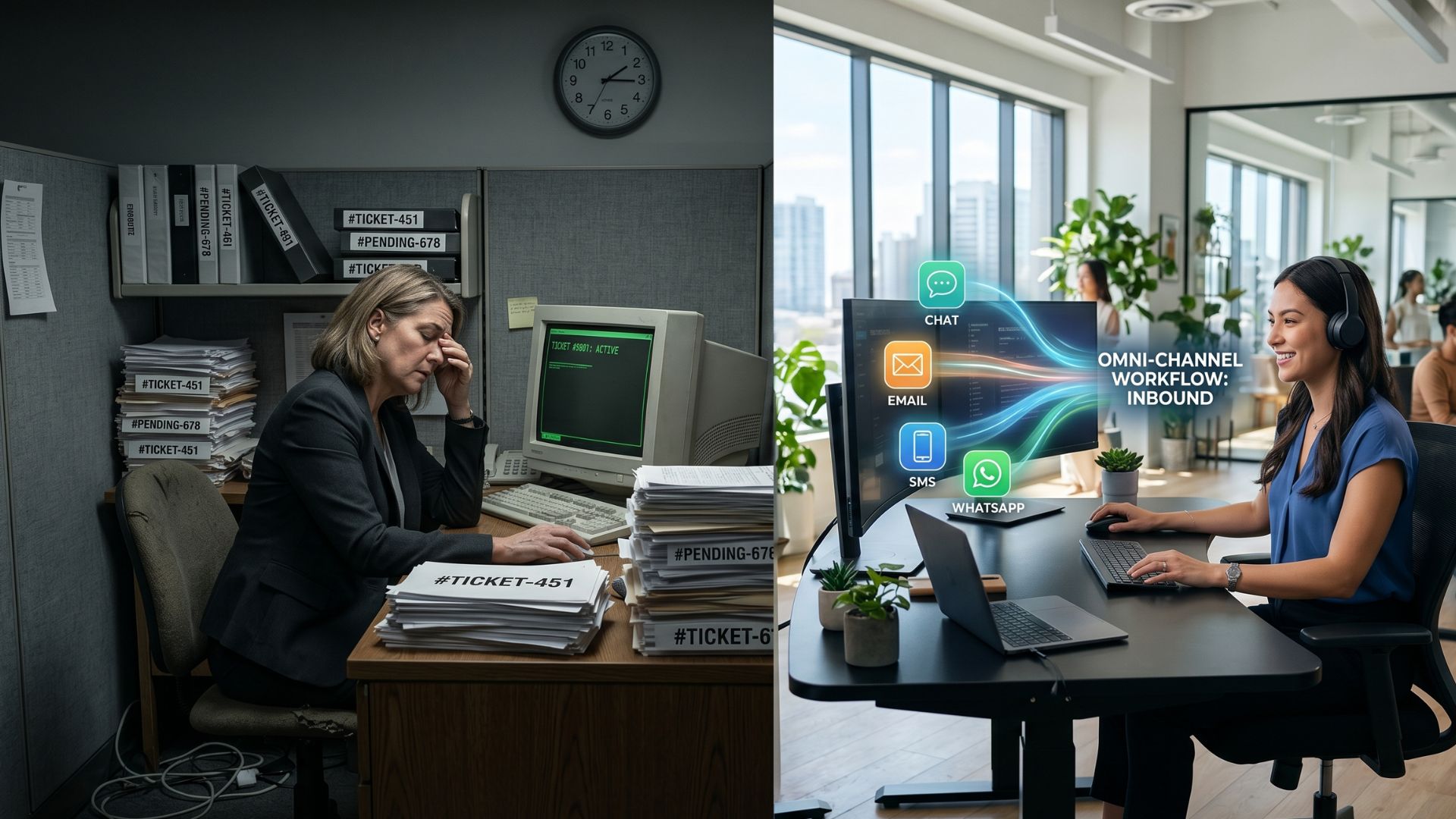 A side-by-side comparison showing a stressed agent struggling with a complex all-in-one CRM on the left, contrasted with a relaxed agent using ReplyCX's streamlined omni-channel inbox on the right.