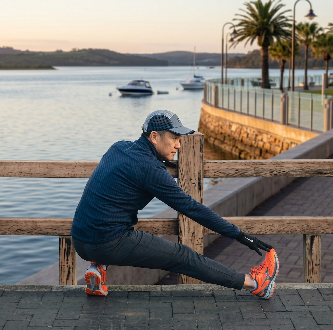 Man in blue jacket and cap stretching his leg near waterfront with boats and palm trees.