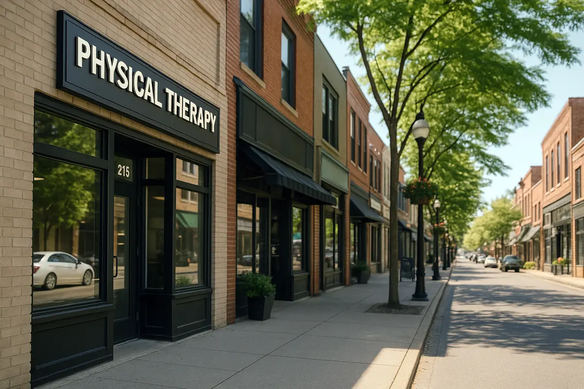 a view of main street showing a physical therapy clinic alongside several local businesses they could partner with.
