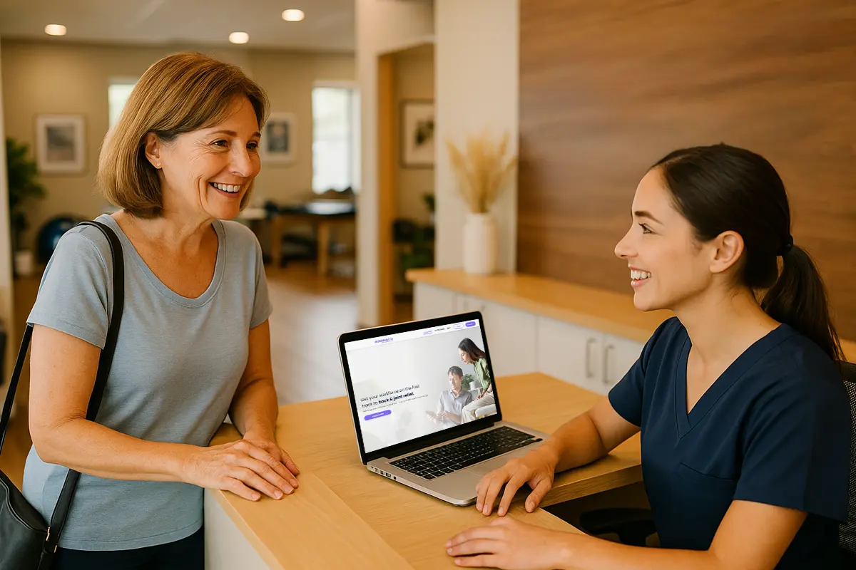 A patient discusses next steps with the front desk at a PT practice