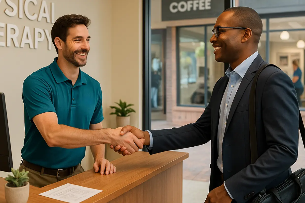 A local business owner greets his physical therapy provider