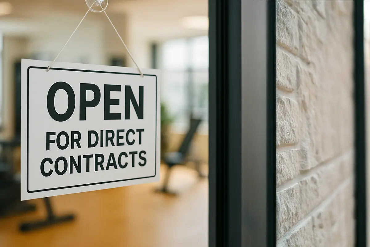 A sign on the front door of a physical therapy practice shows that they're open for direct contracting.