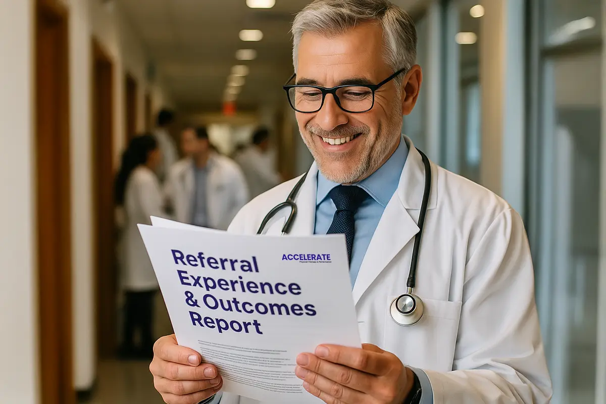 A doctor reviews a referral report from a physical therapy office