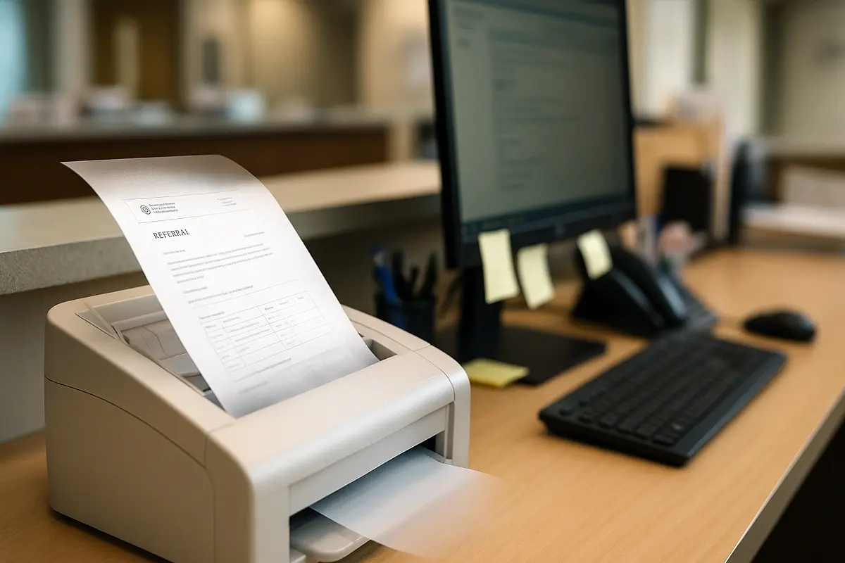 A fax coming into a PT office's front desk is disappearing as it exits the printer.