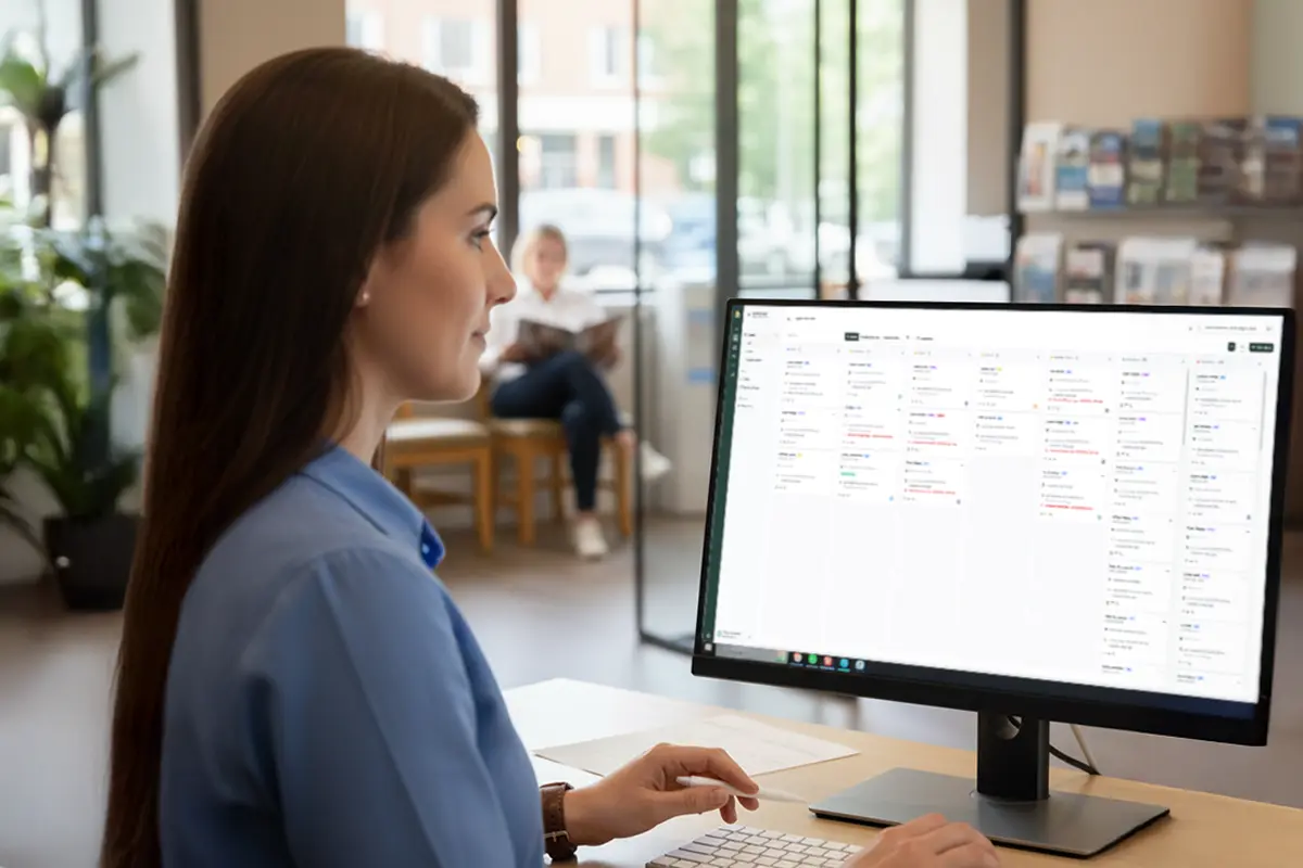 A receptionist works a queue of new patient requests.