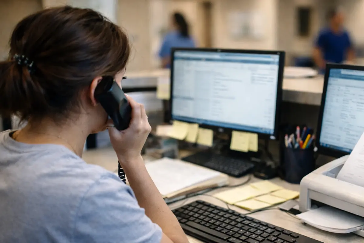 A front desk worker multitasks while scheduling a patient
