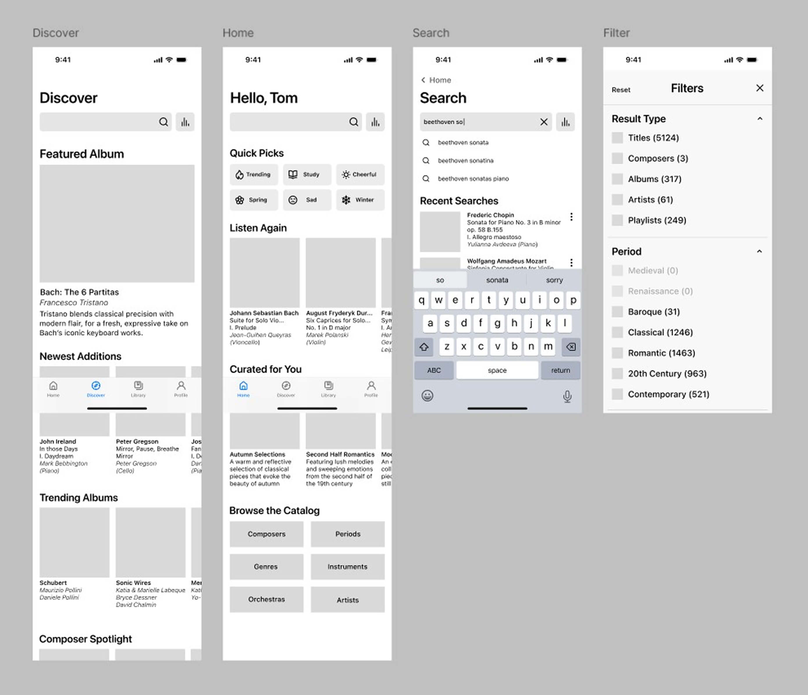 Wireframes for the discover, home, search, and search filter screens for Classifi.