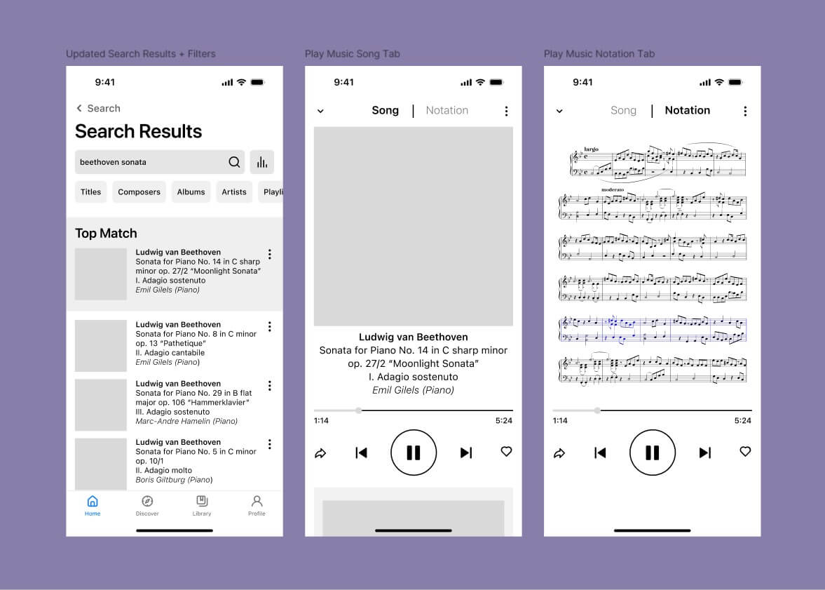 Wireframes for the search results, piece preview, and music player screens for Classifi.