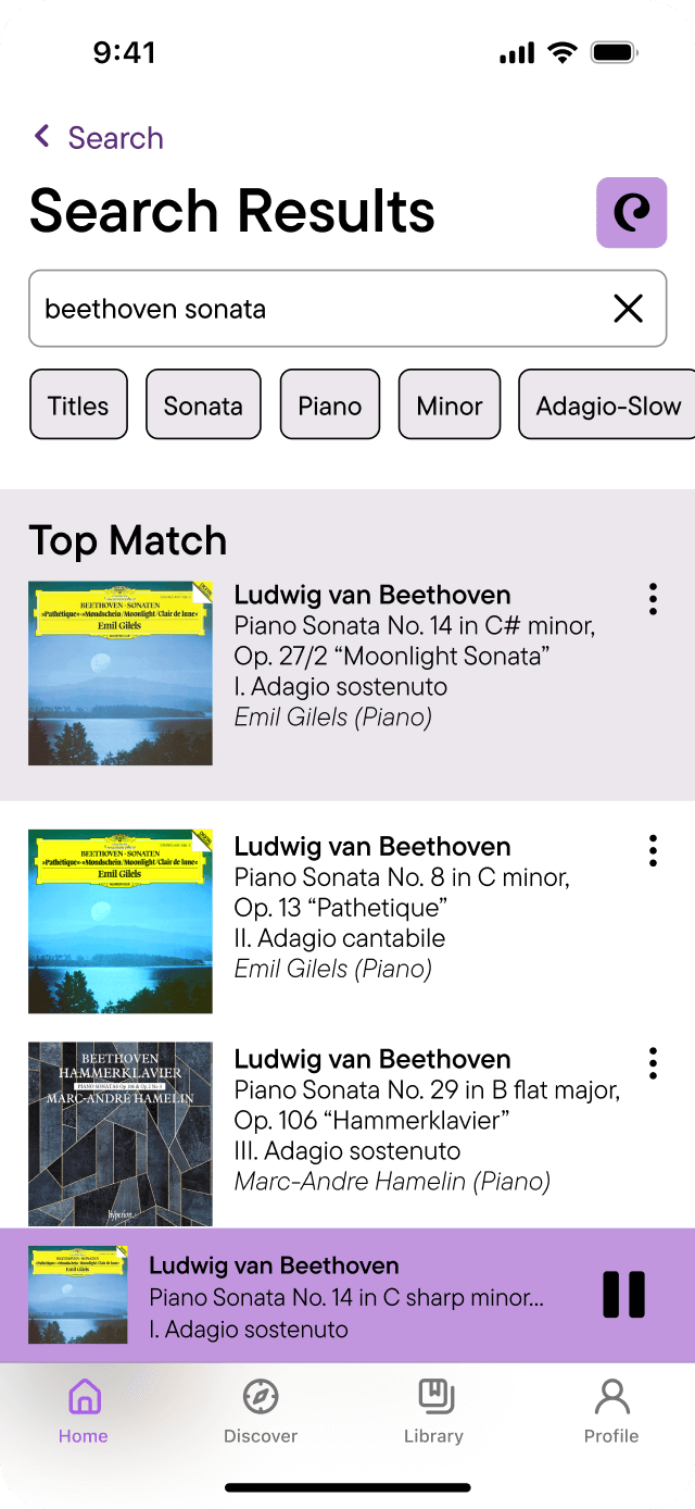 Final design of the search results page with a collapsed music player for Classifi.