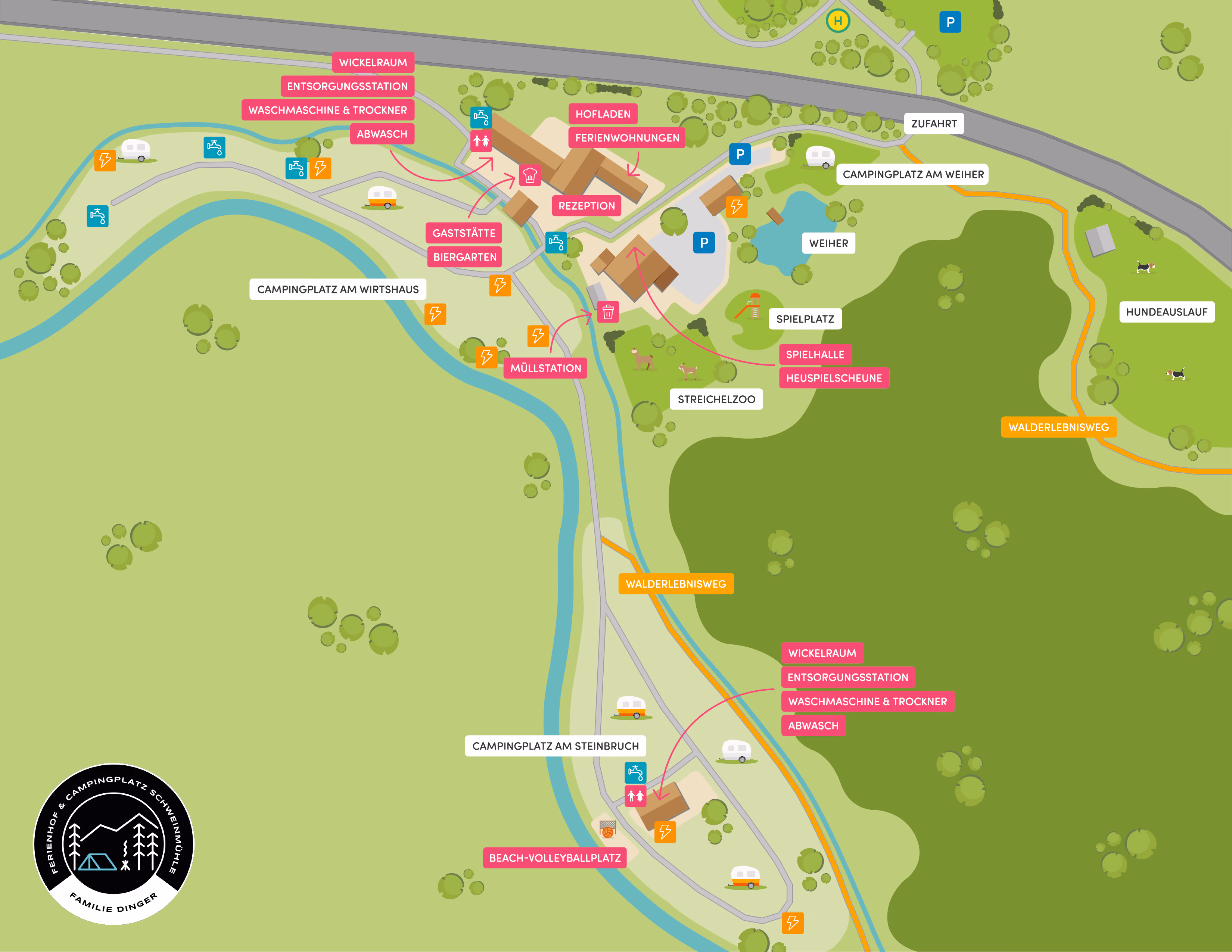 Kartenübersicht eines Campingplatzes mit Bereichen wie Rezeption, Ferienwohnungen, Gaststätte, Biergarten, Spielplatz, Streichelzoo, Walderlebnisweg, Hundeauslauf und Campingplätzen am Weiher, Wirtshaus und Steinbruch sowie Einrichtungen wie Wickelraum, Entsorgungsstation, Waschmaschine & Trockner und Müllstation.