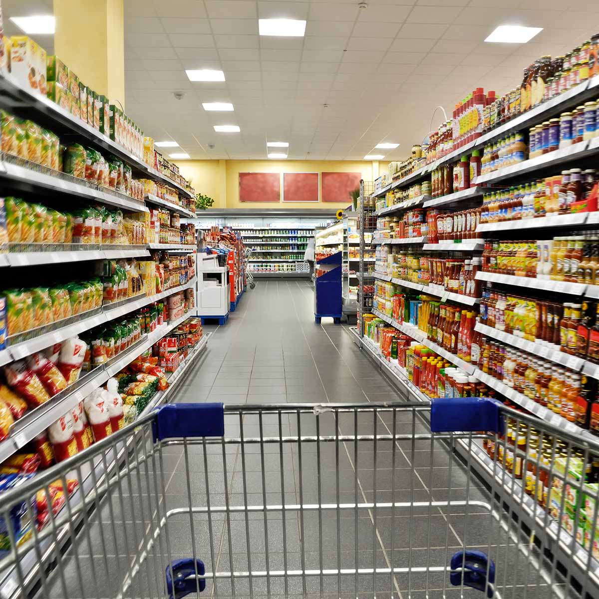 A grocery store canned goods aisle