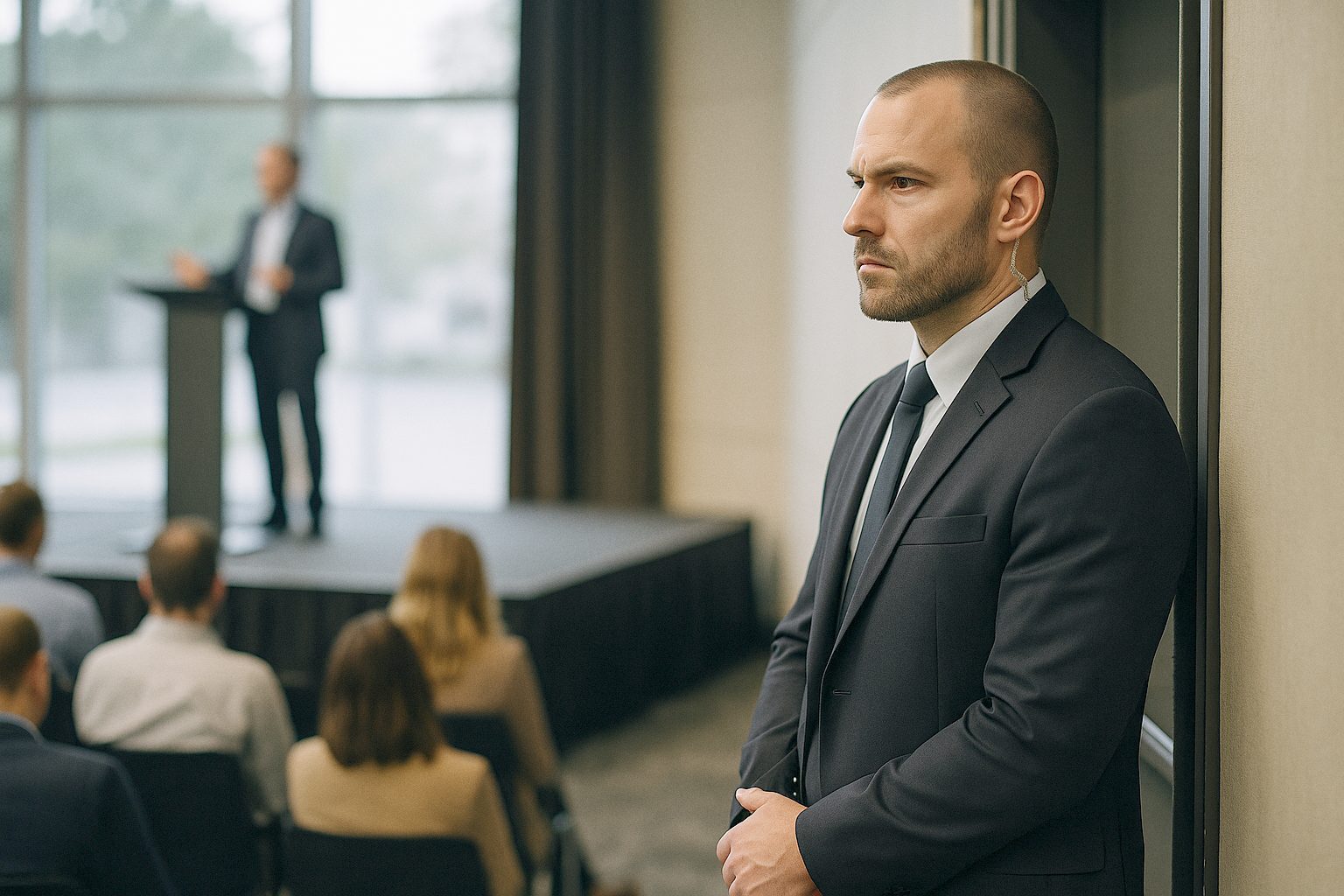 Speaker on a conference stage with discreet security