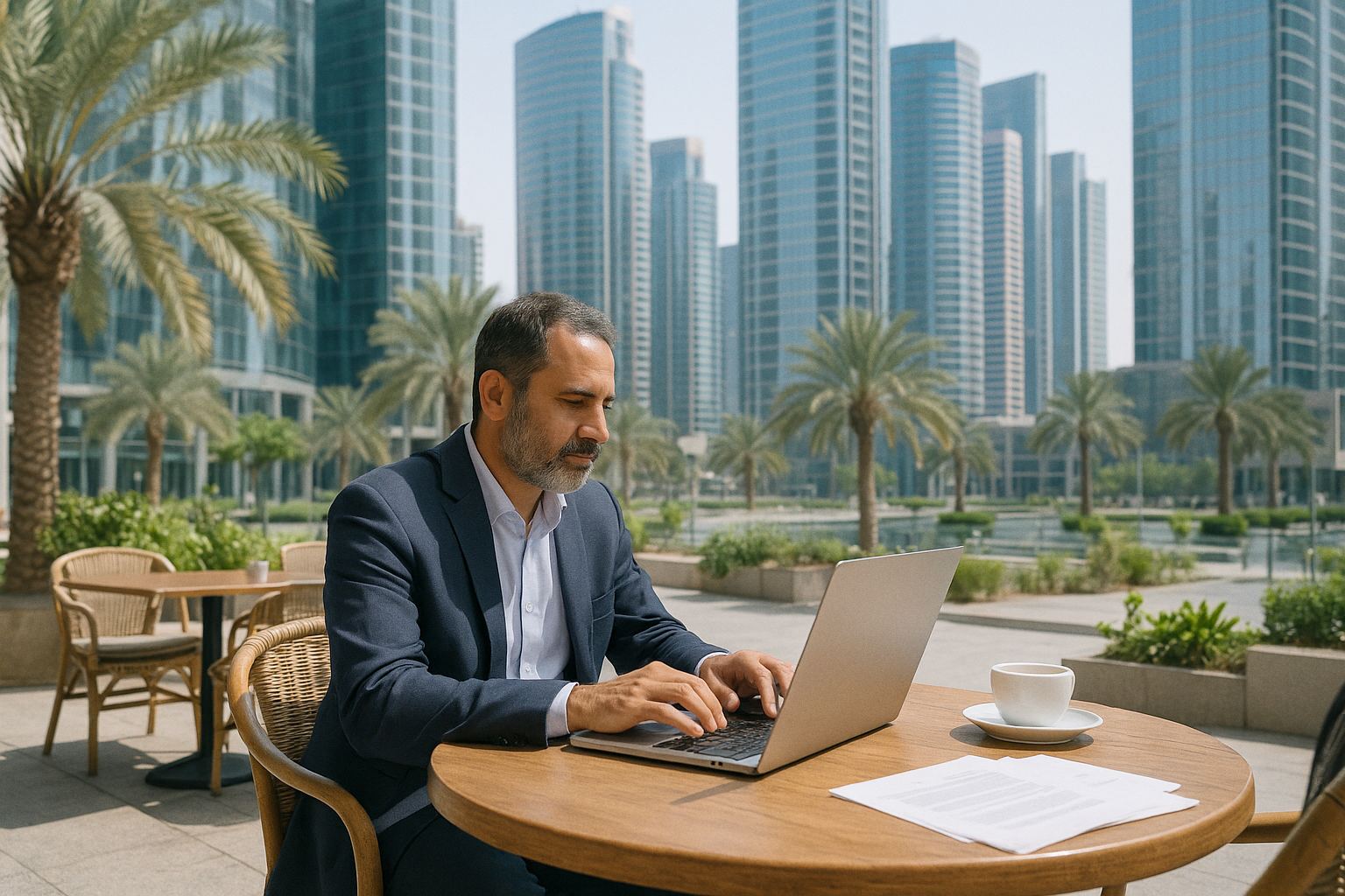 Founder with a laptop at a sunny café terrace in a modern Gulf business district, glass towers and palm trees behind