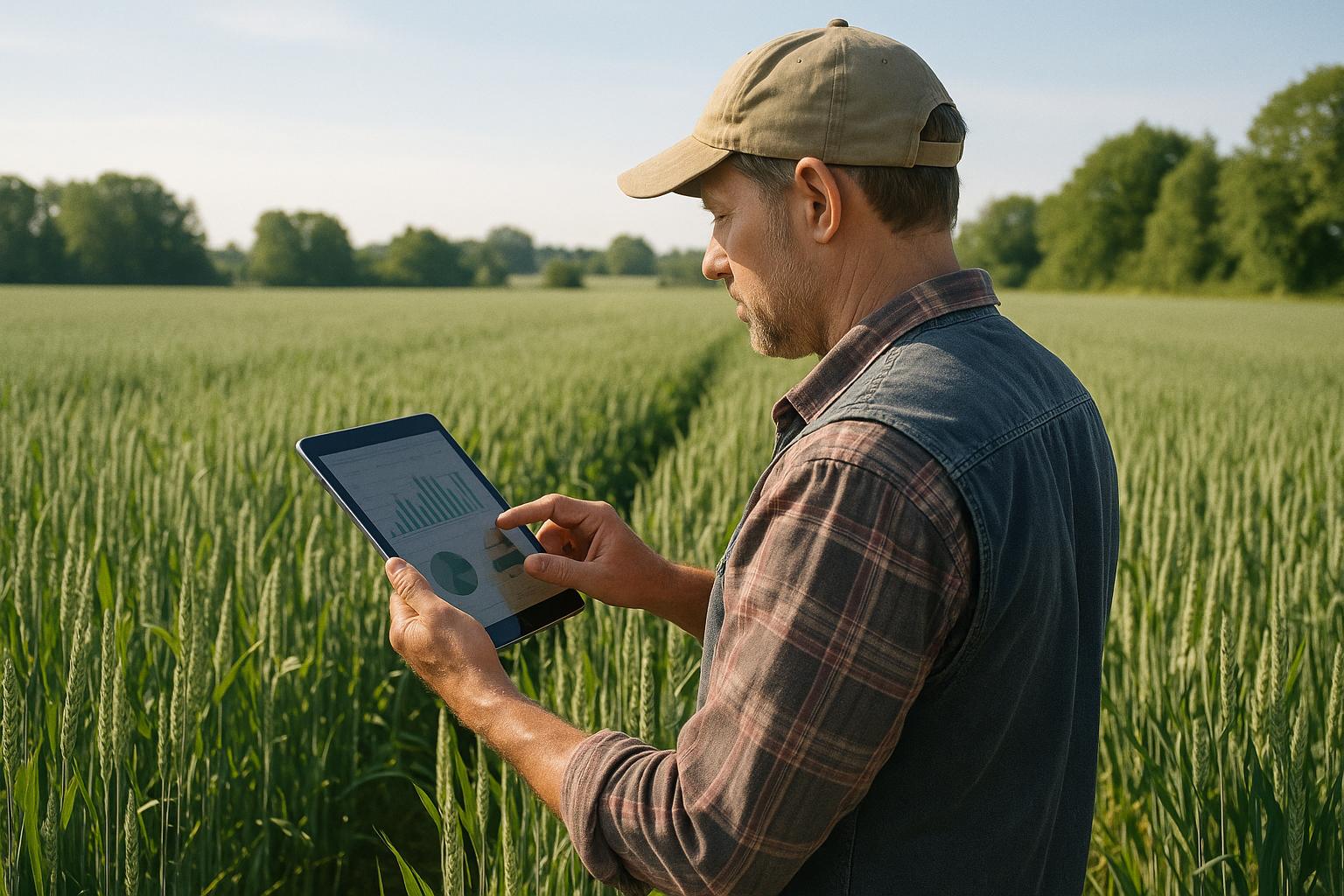 Farmer checking crop data on a tablet in a green wheat field on a sunny morning