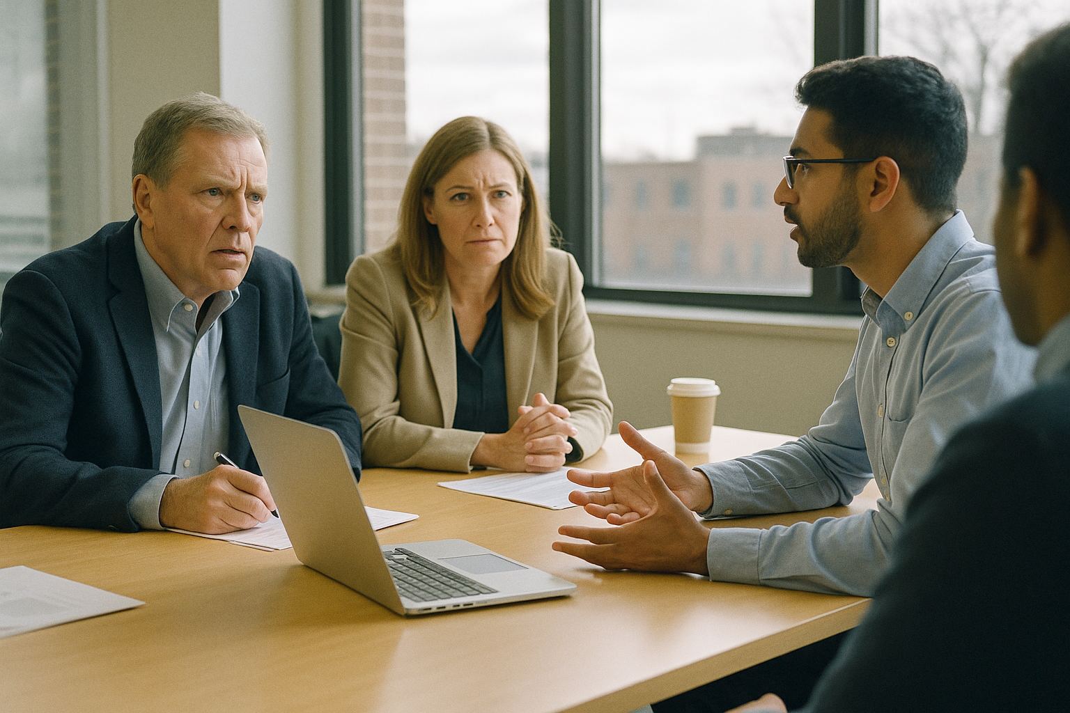 Investors questioning a founder across a conference table during a pitch, laptop open, daylight