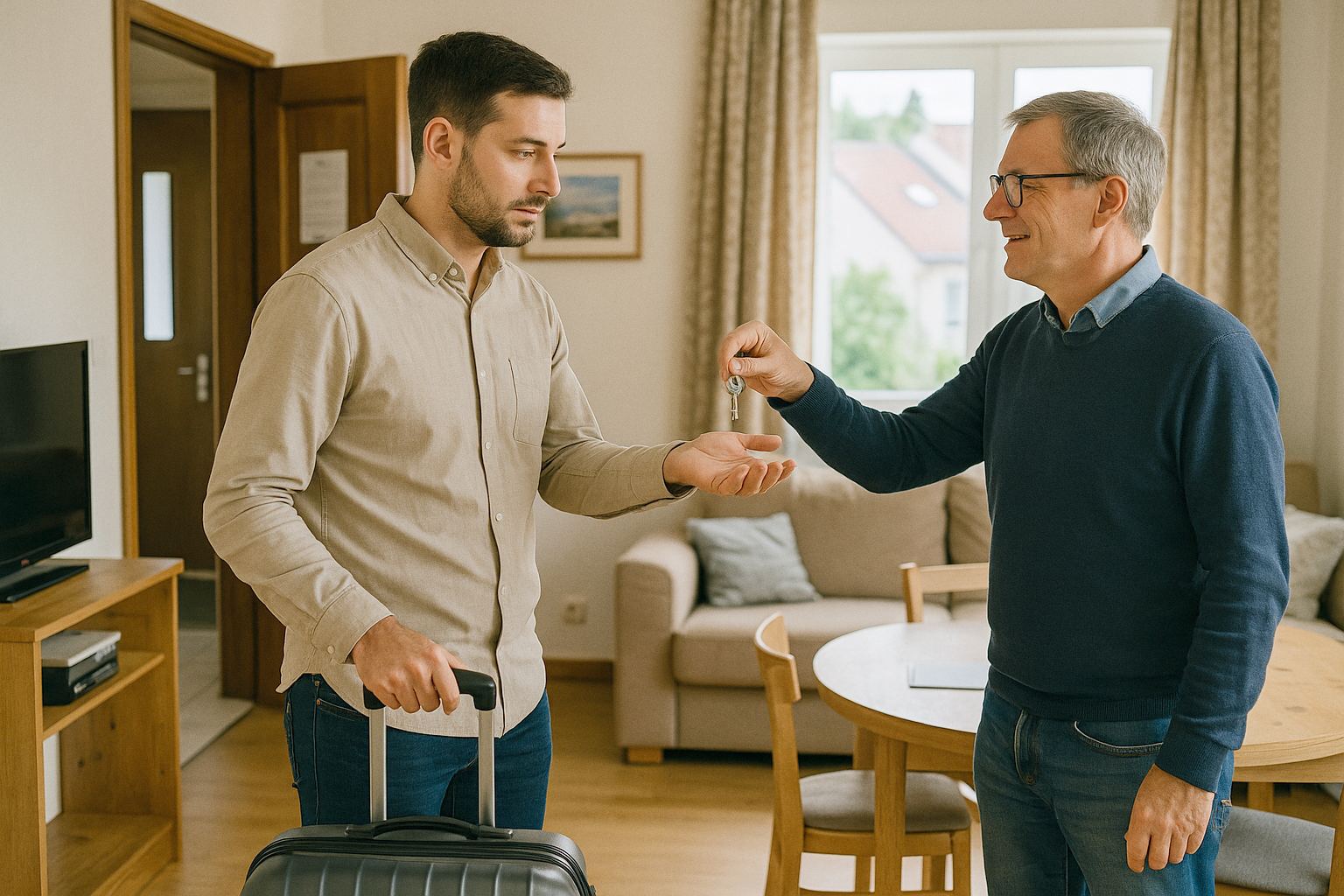 Guest arriving with a suitcase at a cosy holiday apartment, host handing over keys