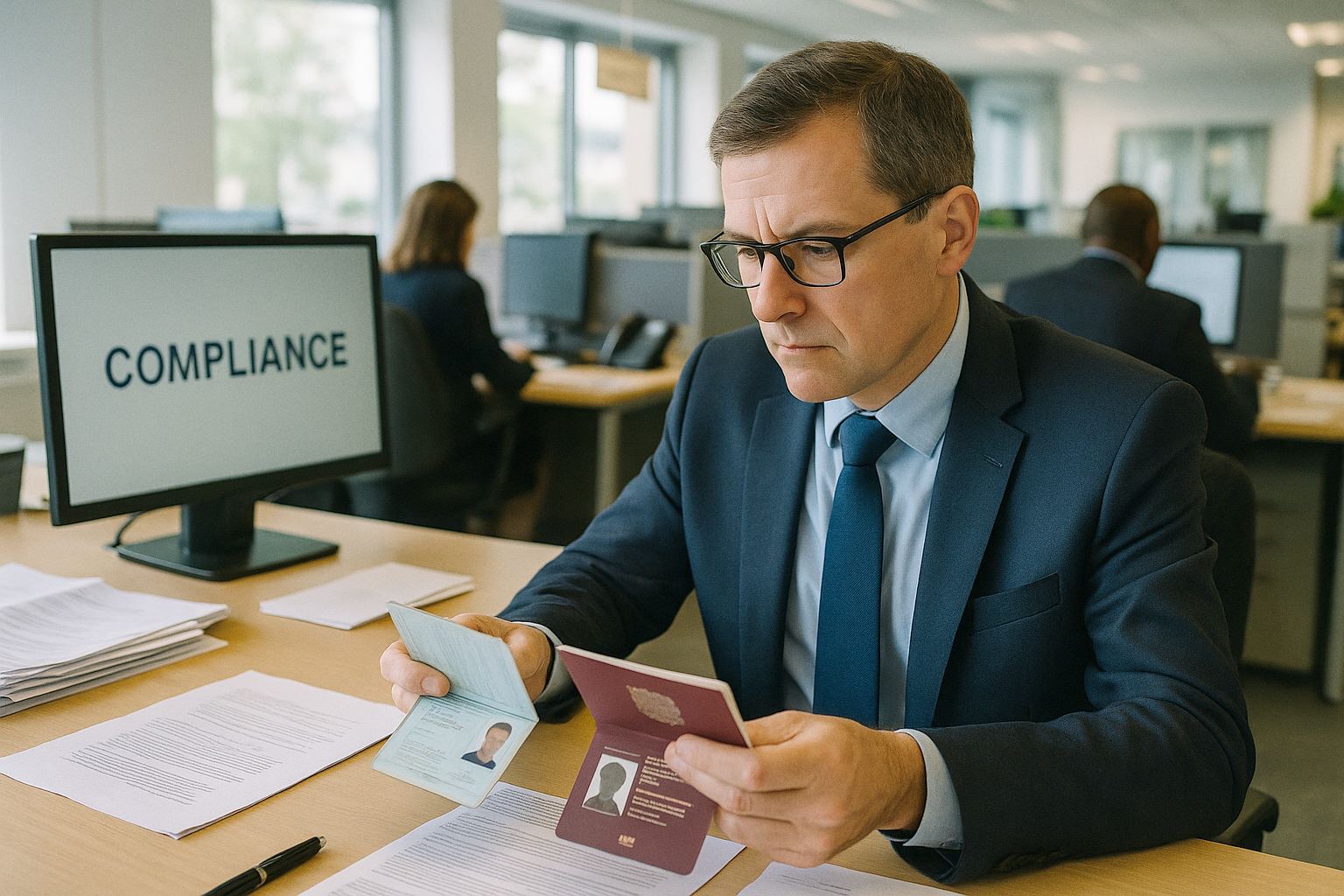 Compliance officer checking a passport and ID documents at a desk in a bank office