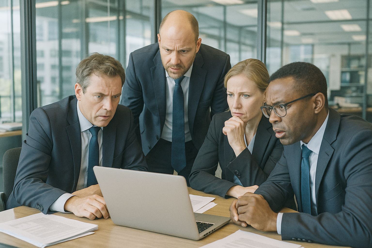 Bank risk managers in an urgent meeting around a laptop in a glass office