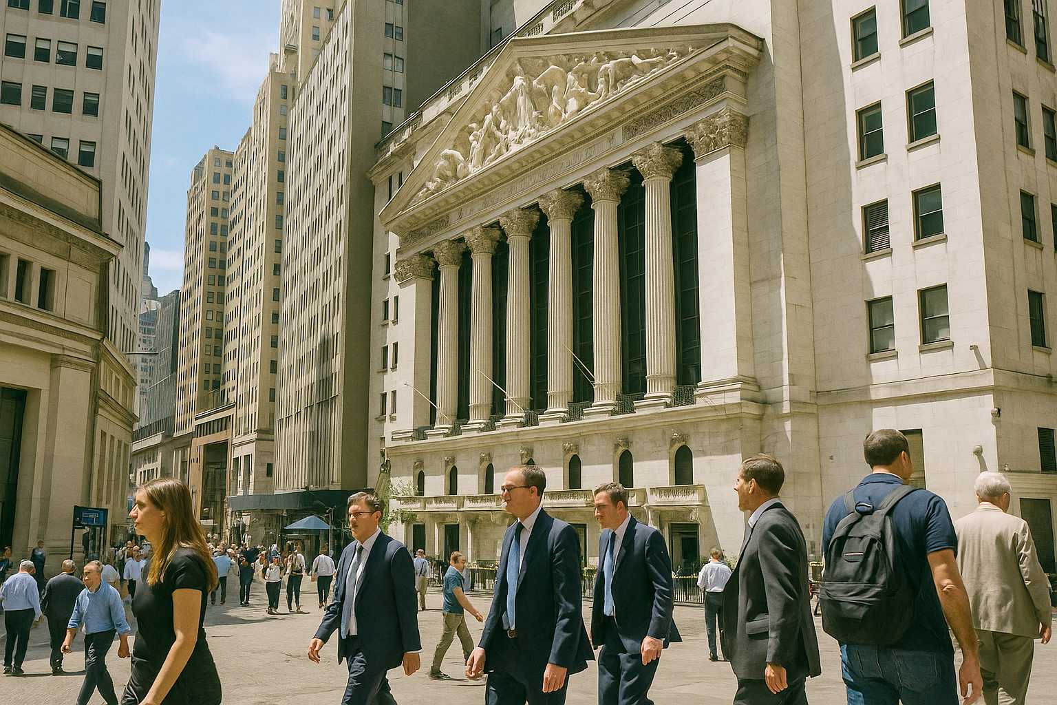 Exterior of a stock exchange building in New York on a sunny day with people on the street