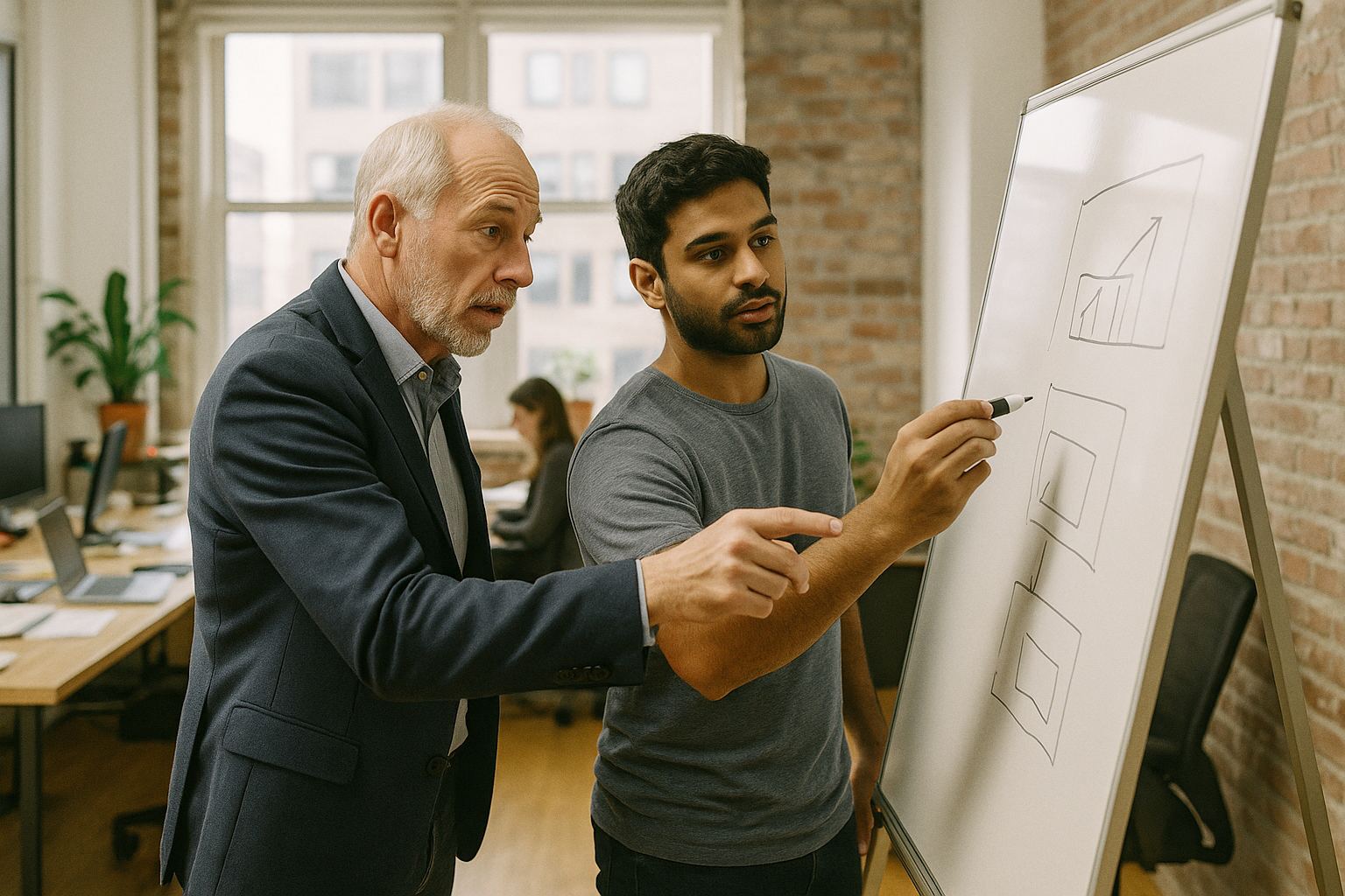 Experienced angel investor mentoring a young founder at a whiteboard in a startup office