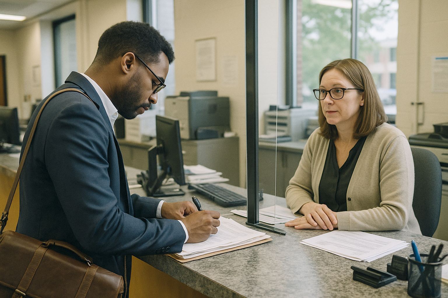 Founder filing paperwork at a state government office counter, clerk behind the desk