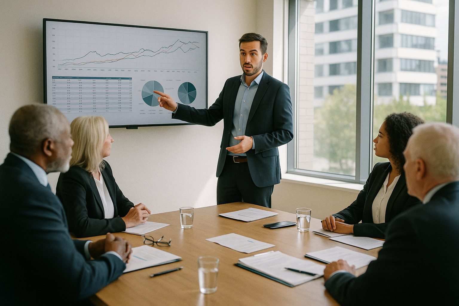 Finance lead presenting a financial model on a screen to board members in a bright boardroom