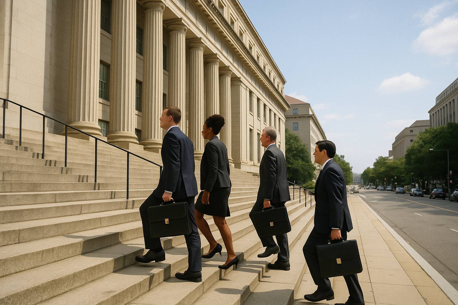 Lawyers walking up the steps of a federal government building in Washington on a sunny day