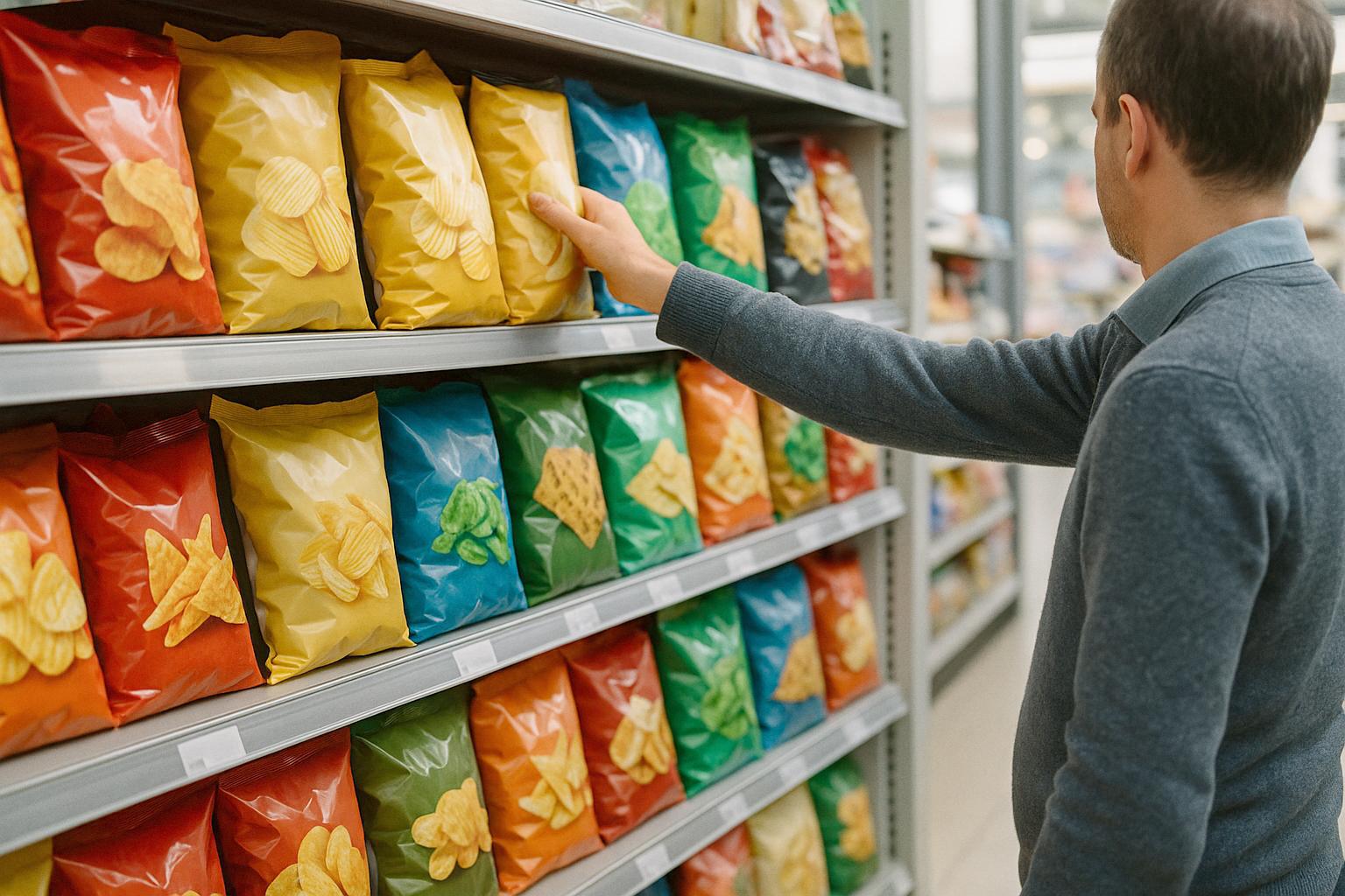 Packaged snack products on a supermarket shelf, a shopper reaching for one in natural store light