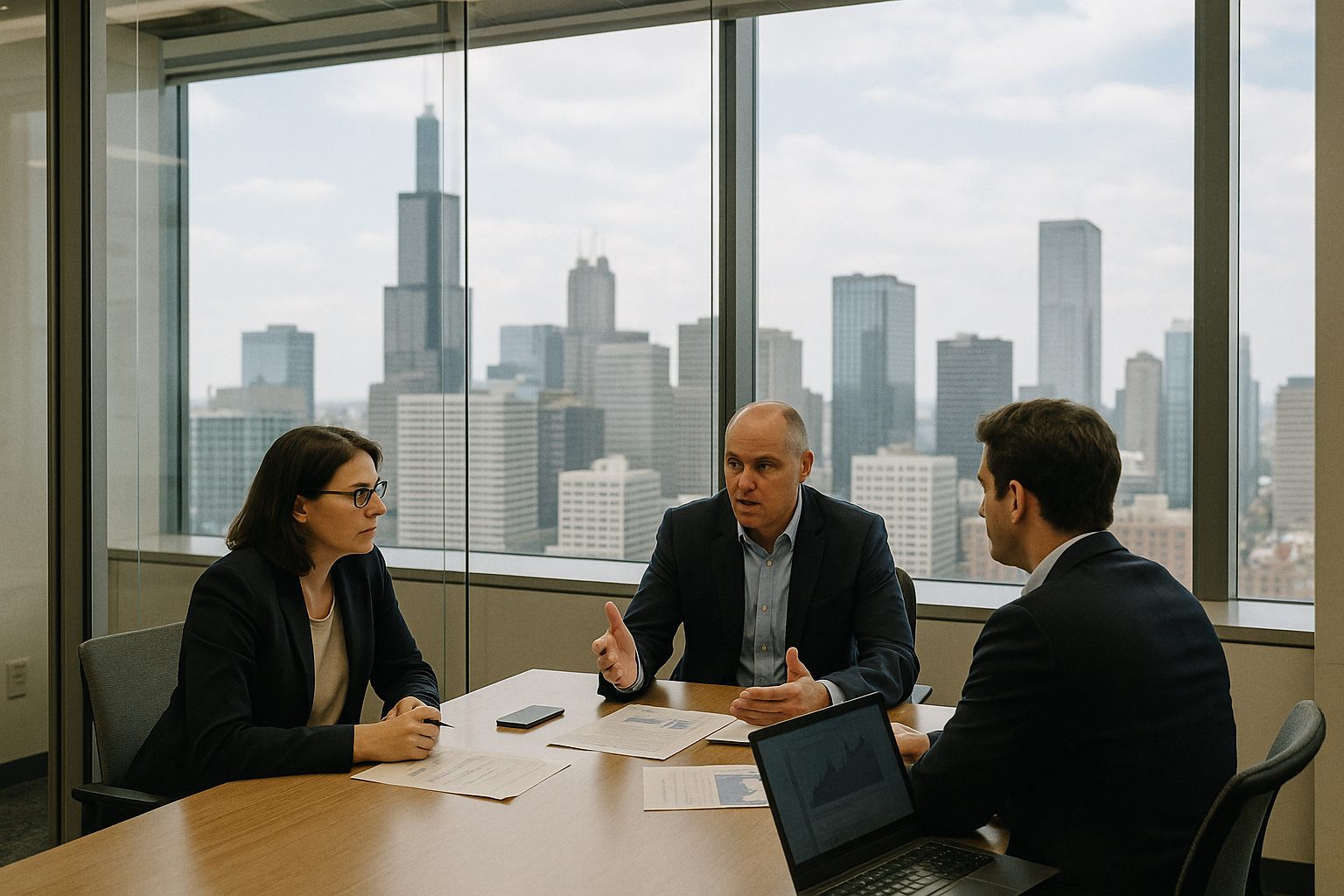 Fund partners in a glass meeting room discussing a portfolio company, city skyline behind