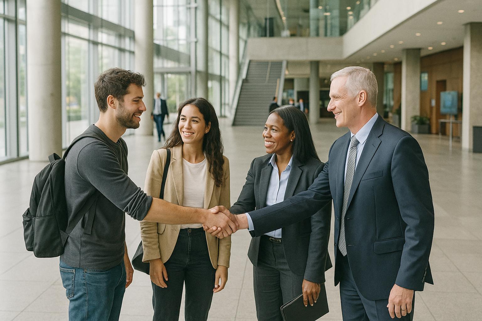Startup founders meeting executives in a large corporate headquarters lobby, exchanging introductions
