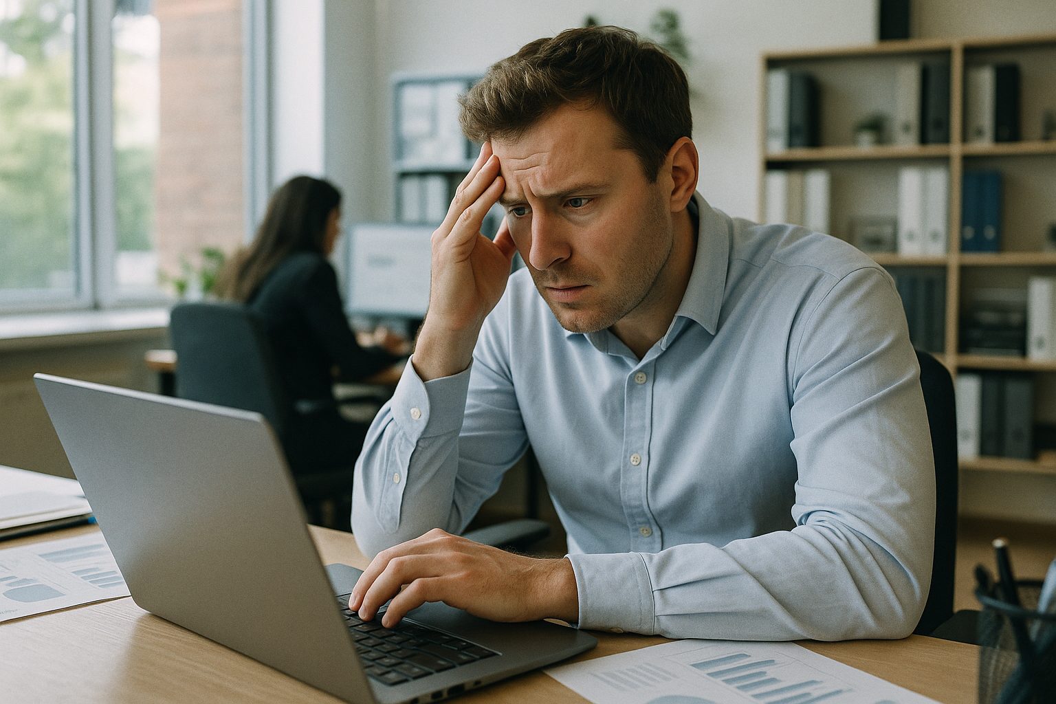 Sales lead reviewing a single large client account on a laptop with a worried expression, office
