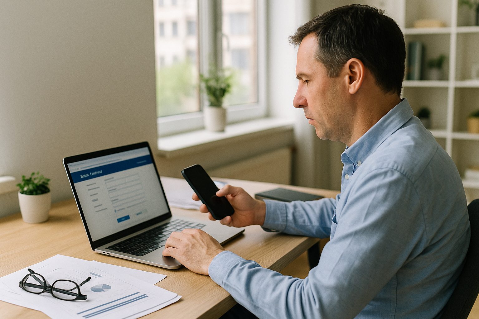 Investor double-checking bank transfer details on a laptop at a desk, phone in hand, bright office