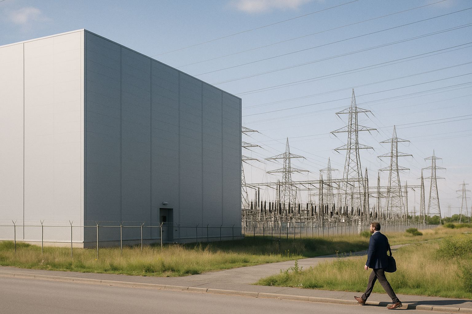 Large data centre building next to an electrical substation and power lines on a sunny day
